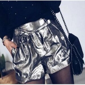 Choosy Silver Faux Leather Paperbag Shorts - Size 2